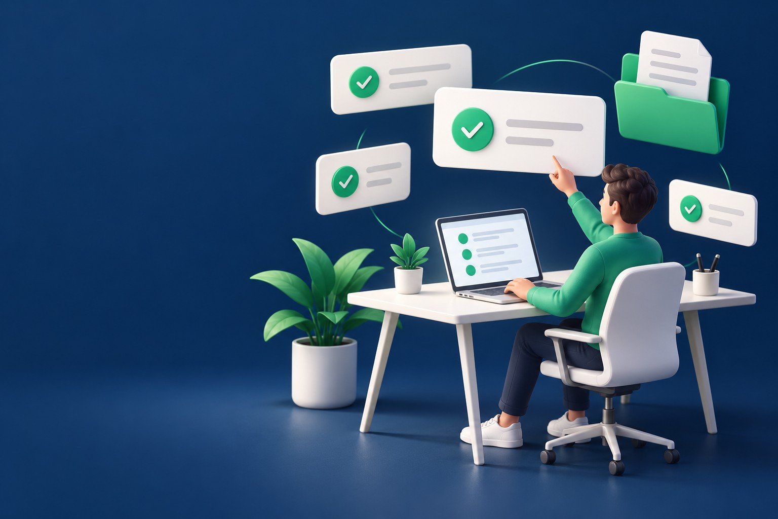 Illustration of structured remote task work with documents and a laptop